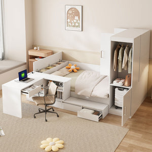 English Elm Full Size Wooden Platform Bed With Integrated Desk, 6 Drawers, Wardrobe & Modern Shelves, White Finish N820S00060K
