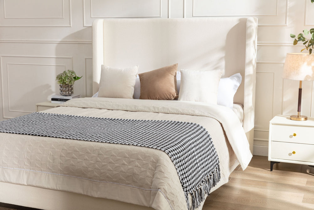 English Elm Harper Wingback King Bed Ivory Boucle Upholstery Walnut Legs Elegant Master Bedroom B191P458351