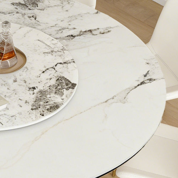 English Elm 59" Round Sintered Stone Table Set Seats Eight with Gold Hourglass Base Lazy Susan W2700S00130