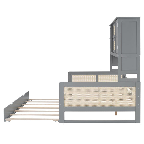 English Elm Full Size Wooden Daybed With Twin Trundle, Storage Cabinet & Shelves For Space-Saving Comfort N820S00049E