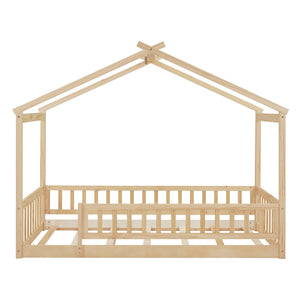 English Elm Twin Solid Pine House Bed Playhouse Frame with Fence Rail for Kids Rooms WF302176AAN