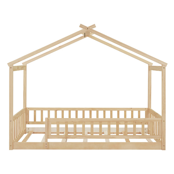 English Elm Twin Solid Pine House Bed Playhouse Frame with Fence Rail for Kids Rooms WF302176AAN
