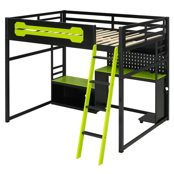 English Elm Full Size Gaming Loft Bed with Built-in Desk Led Lighting Usb Ports and Pegboard Black+Green LT000270AAG