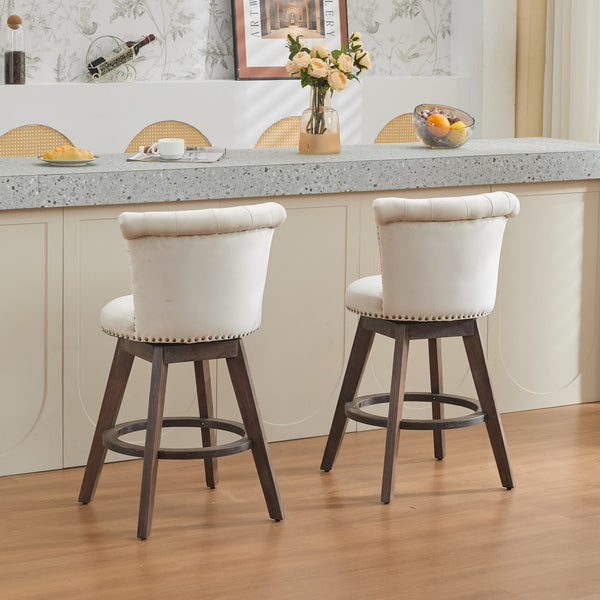 English Elm 26" Plush Velvet Swivel Counter Stools Set of 2 with Tufted Back, High-Res Foam & Sturdy Wood Legs Beige W1143P362518