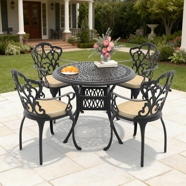 English Elm 5-piece Cast Aluminum Outdoor Dining Set with Relief Carved Frame and All-weather Cushions W1710S00545