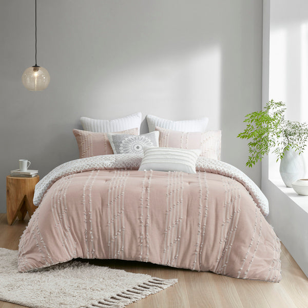 English Elm 3 Piece INK+IVY Kara Cotton Jacquard Comforter Set King/Cal King Blush Ivory OEKO-TEX 250gsm B03596419