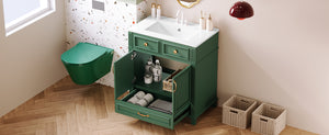 English Elm 30'' Bathroom Vanity with Sink - Retro Solid Wood Frame, Ceramic Basin, Soft-Close Doors & Ample Storage Green N710P190656F