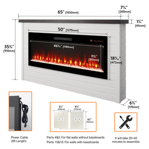 English Elm 65" Wall Mantel Electric Fireplace with Led Flame Heater for Living or Bedroom W1769S00016