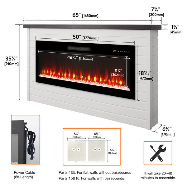 English Elm 65" Wall Mantel Electric Fireplace with Led Flame Heater for Living or Bedroom W1769S00016