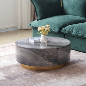 English Elm Tavola Round Coffee Table with Marble Pattern Top and Metal Legs, Two Drawers for Stylish Storage Brown B341P321163