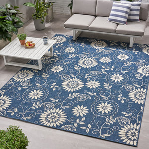 Christopher Knight Home® - Noble House - Wildflower Outdoor 7'10" X 10' Botanical Area Rug, Blue and Ivory