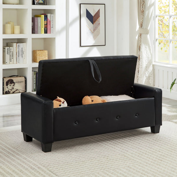 English Elm 48" Storage Ottoman Bench with Tufted Faux Leather Upholstery, Solid Wood Frame & 300lb Capacity Black W1097P338776