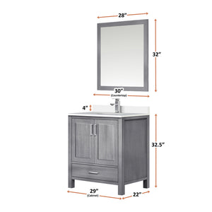English Elm Distressed Grey Bath Vanity with White Quartz Top, Faucet & 28" Mirror — Durable Scratch-Resistant Surface B2731S01253