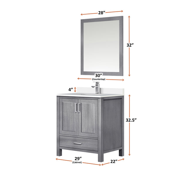 English Elm Distressed Grey Bath Vanity with White Quartz Top, Faucet & 28" Mirror — Durable Scratch-Resistant Surface B2731S01253