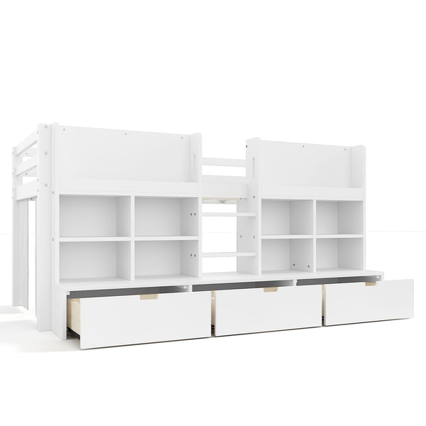 English Elm Full Bunk Bed with Trundle Bookshelf Storage Pine Frame Car Design for Kids W1580S00397