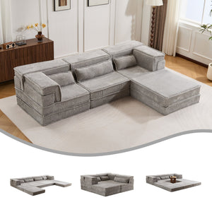 English Elm Compression Modular Sofa Bed, Versatile Light Grey Fleece Couch, No Assembly, 3-Seater & Ottoman W3723S00024