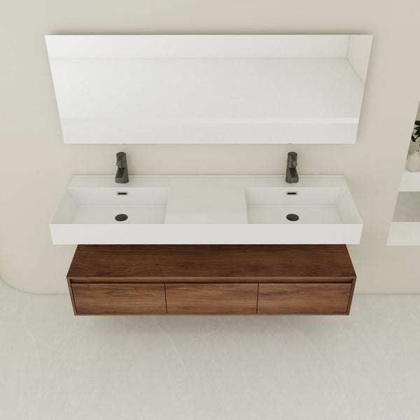 English Elm 60 Inch Wall-Mounted Bathroom Vanity With Dual Resin Sinks, Soft-Close Drawers & Modern Elegance W999S00259