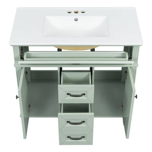 English Elm 36 Inch Bathroom Vanity with Ceramic Sink, Durable MDF & Solid Wood Frame, Soft-Close Doors, Luxe Handles, Ample Organized Storage, Modern Freestanding Design Green N725P314034F