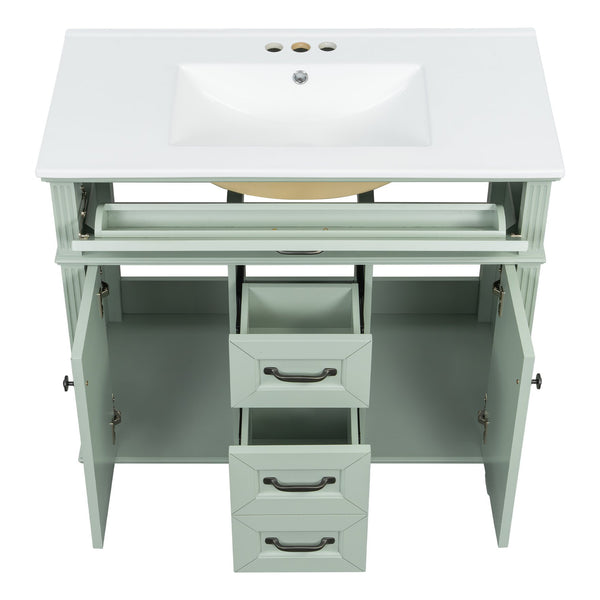English Elm 36 Inch Bathroom Vanity with Ceramic Sink, Durable MDF & Solid Wood Frame, Soft-Close Doors, Luxe Handles, Ample Organized Storage, Modern Freestanding Design Green N725P314034F