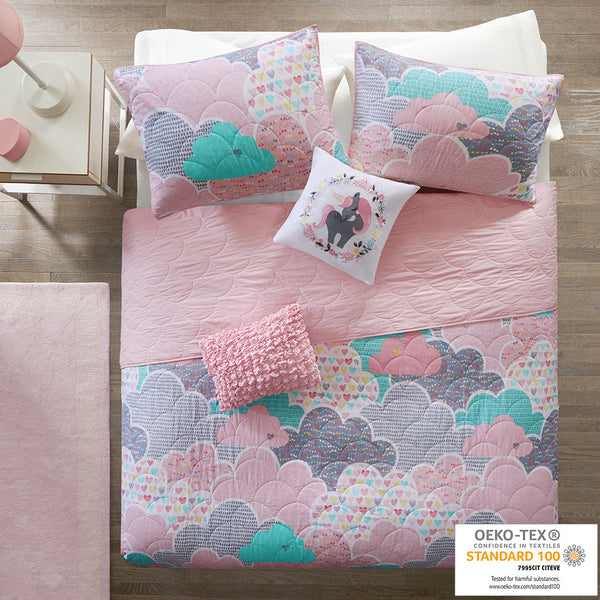 JLA Home Urban Habitat Kids - Reversible Quilt Set for Kids with Cloud Print, Breathable 100% Cotton, Hypoallergenic, Fun Pillows Pink UHK13-0016