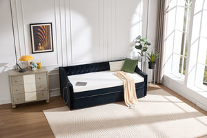 English Elm Twin Velvet Daybed with Pull Out Trundle Tufted Back Usb Port and Side Pockets Black W1361S00039