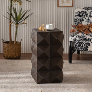 English Elm 23.62"Height Vintage Embossed Retro Side Table with Three-Dimensional Carved Pattern Durable Wood Nightstand Brown W757P250946