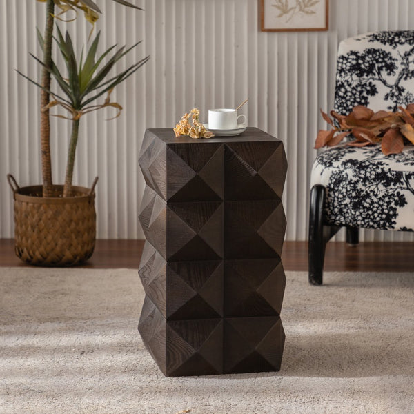 English Elm 23.62"Height Vintage Embossed Retro Side Table with Three-Dimensional Carved Pattern Durable Wood Nightstand Brown W757P250946