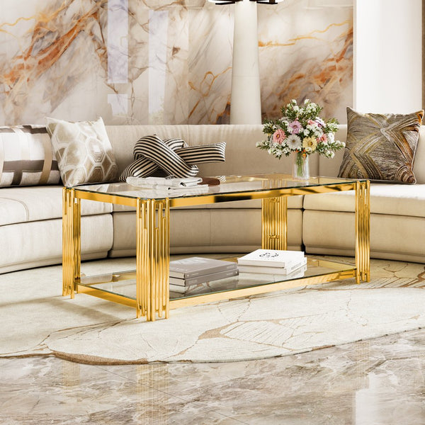 English Elm Modern Glam Rectangular Coffee Table with Mirrored Top Gold Sculptural Frame Open Shelf Transparent N735P380099K