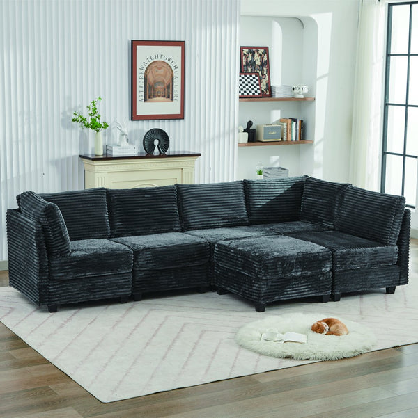 English Elm Corduroy Plush U-Shaped Sectional Sofa with Storage Ottoman, Pet-Friendly Durable Modular Comfort Grey W2915S00064
