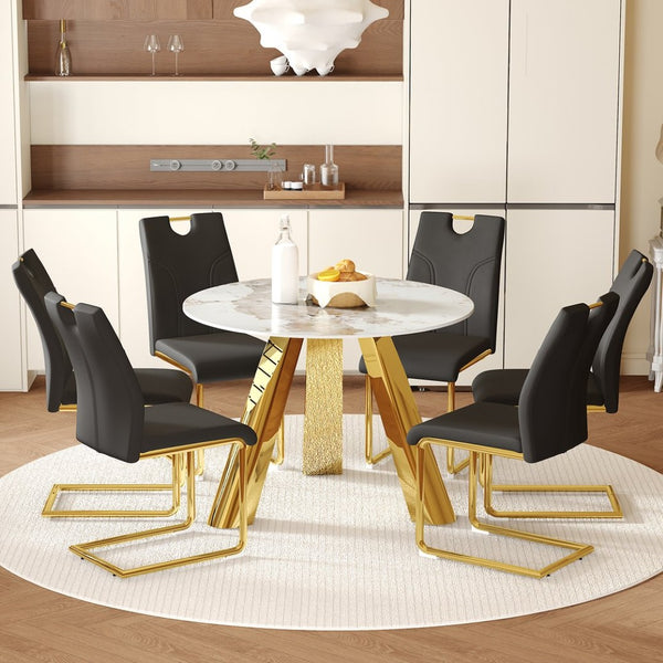 English Elm Table 42-Inch White Imitation Marble Dining Set With 6 Elegant Black Chairs & Gold Metal Legs W2920S00052-GIGA