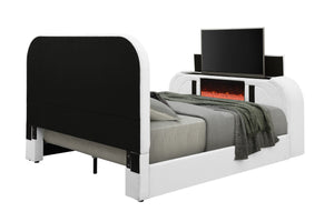 English Elm Shelyn Plush Teddy Sherpa EK Bed with LED Headboard, Built-In Fireplace, TV Lift and Bluetooth Speaker White 85.83 L x 12.6 W x 6.61 H B2726S00478