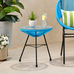 English Elm Christopher Knight Home® - NUSA Blue Side Table with Tempered Glass Top, Handcrafted Polyethylene Rattan, Modern Outdoor Accent (18") 66627.00BLU