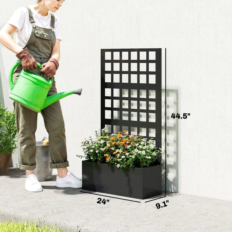 English Elm Planter Box with Built-in Trellis Galvanized Steel Raised Garden Bed Matte Black Outdoor T3971P476156