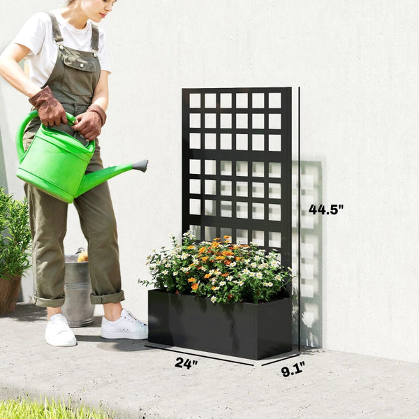 English Elm Planter Box with Built-in Trellis Galvanized Steel Raised Garden Bed Matte Black Outdoor T3971P476156