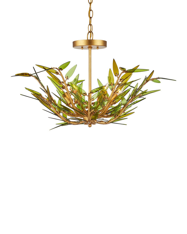 Currey & Company Babylon Chandelier - Elegant Bowl Design With Recycled Glass Leaves In Contemporary Gold Finish Green Recycled Bottle Glass ,Wrought Iron 9000-1309-currey-company