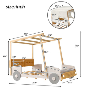 English Elm Wood Full Size Car Bed with LED Night Lights, Pine Frame, Imaginative Canopy & Cozy Pillow (Natural) WF309289AAM
