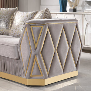 English Elm Cavalli Diamond Upholstered Sofa and Loveseat Set with Gold Accents for Modern Living Taupe+Gold B009S02180