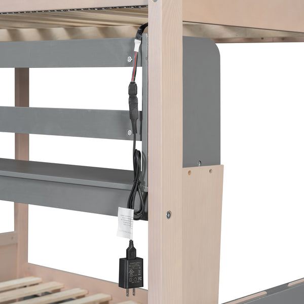 English Elm Full Size Castle Bunk Bed with Led Lighting Built in Shelf and Storage Drawers Gray LT000159AAE
