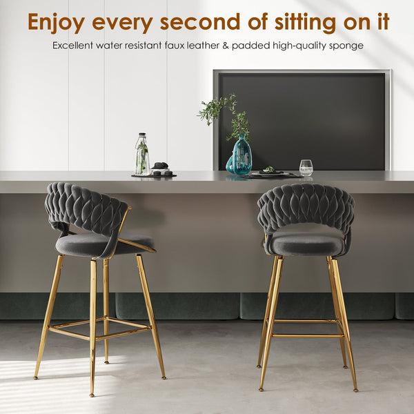 English Elm Counter Height Stools Set of 2 Mid-century Metal Legs Ergonomic Kitchen Island Seating Black T3623P430871