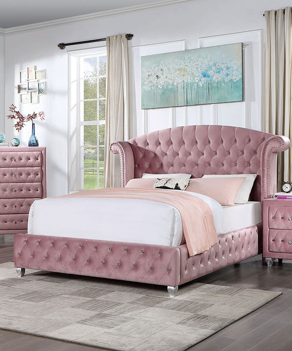 English Elm Glam Oversized Wingback Tufted Flannelette Queen Bed with Nailhead Trim, Crystal Accents, Cabriole Legs Pink 43 L x 83.5 W x 5 H B2741S00051