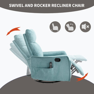 English Elm Heat Massage Rocker Swivel Recliner Fabric Chair with Lumbar Therapy for Living Room Antique Blue Green W1803P362302