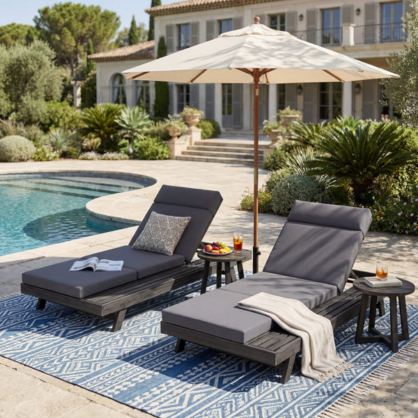 English Elm Lounge Chaise Outdoor Acacia Wood Slatted Frame with Water Resistant Cushion Resort Style Black,Dark Gray N770P442B67G