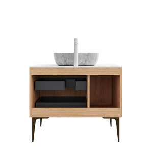 English Elm Dina Floating Bathroom Vanity Sintered Stone Top Glass Basin Striped Plywood Cabinet W2615S00468