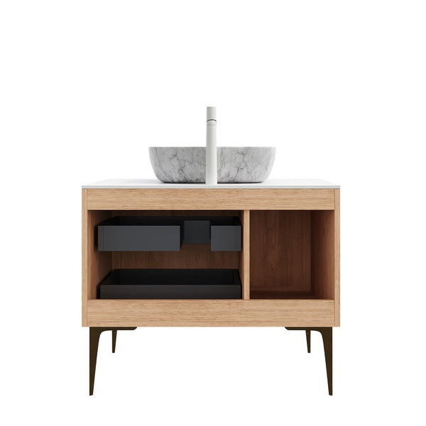 English Elm Dina Floating Bathroom Vanity Sintered Stone Top Glass Basin Striped Plywood Cabinet W2615S00468
