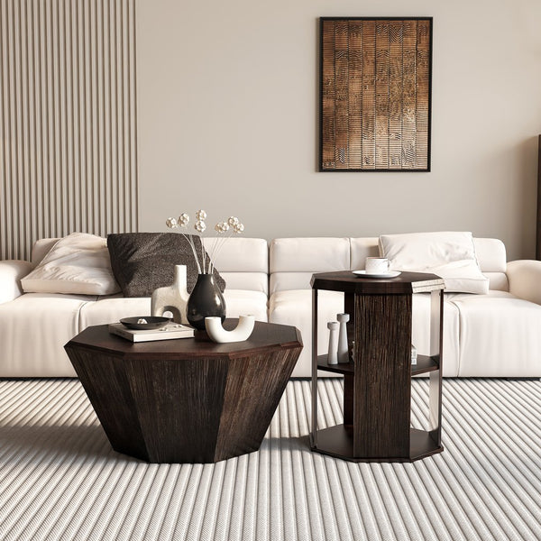 English Elm 31.5 Octagonal Black Rubber Wood Coffee Tables Set of Two – Stylish Living Room Accent, 110lb Capacity Walnut W757P203140