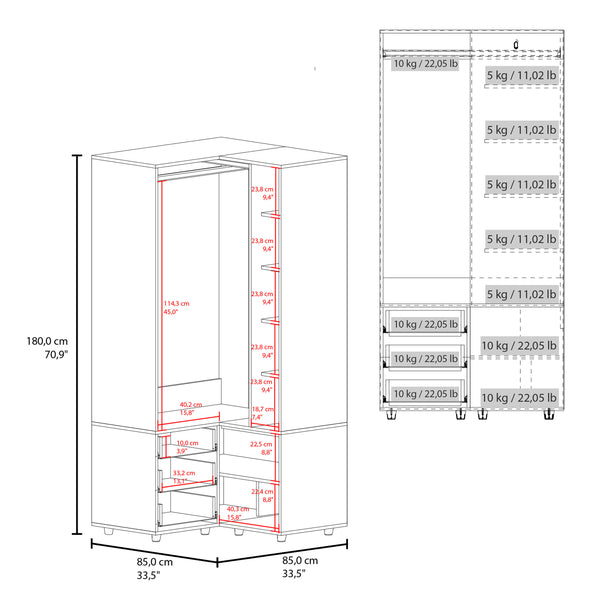 English Elm Toulouse Corner Armoire White — Space-Saving Double-Door Wardrobe with Shelves & Hanging Rod, MDF B070S00377