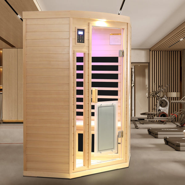 English Elm Low Emf Two Person Far Infrared Corner Sauna in Hemlock Wood with Glass Door Panel W632S00027