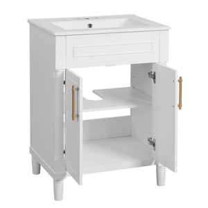 English Elm 24" Bathroom Vanity with Integrated Ceramic Sink and Adjustable Shelf, Vintage Hardware, Space-Saving Design White N710P277711K