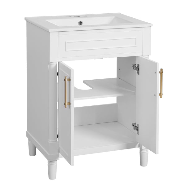 English Elm 24" Bathroom Vanity with Integrated Ceramic Sink and Adjustable Shelf, Vintage Hardware, Space-Saving Design White N710P277711K