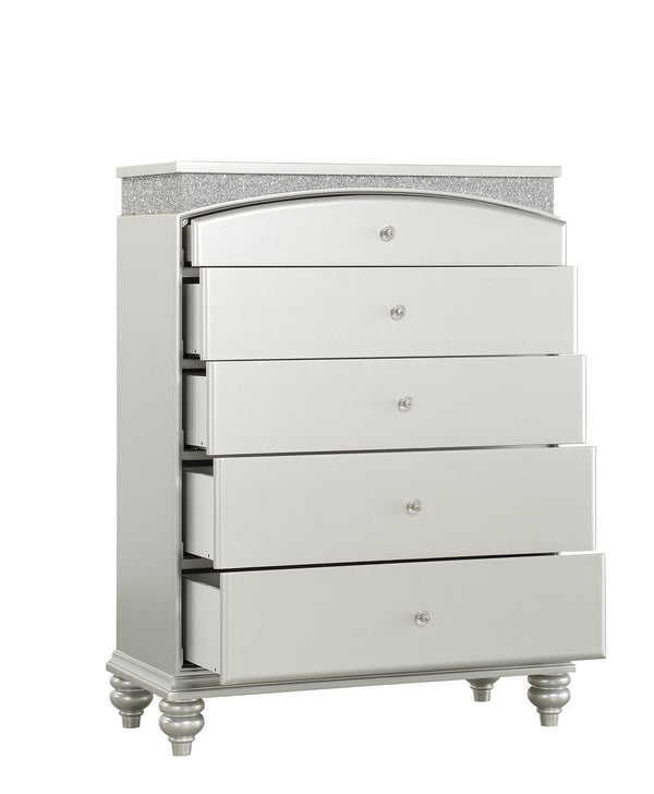 English Elm Maverick Platinum Finish Dresser with 9 Drawers, Crystal Knobs, Rhinestone Inlay, Felt Top Drawer - Luxurious Storage Silver 50 L x 20 W x 42 H B2726P247645